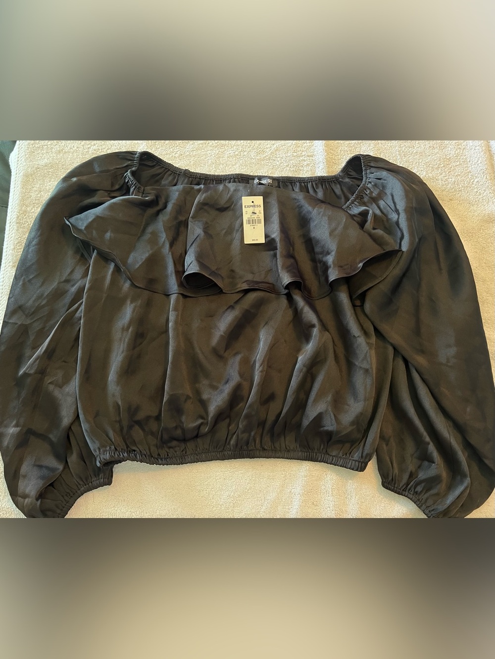 Express Off-Shoulder Ruffle Crop Top in Black
